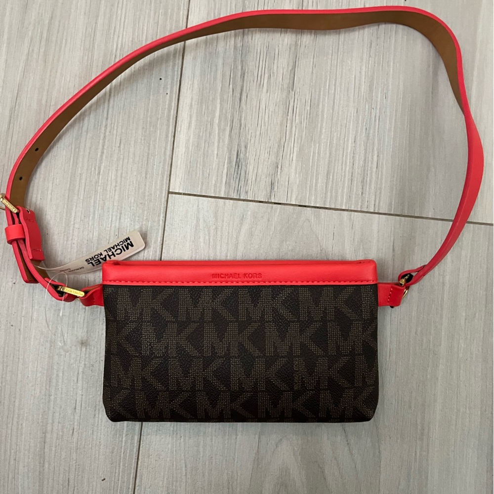 Michael Kors Red and Brown Crossbody Bag with Signature Monogram